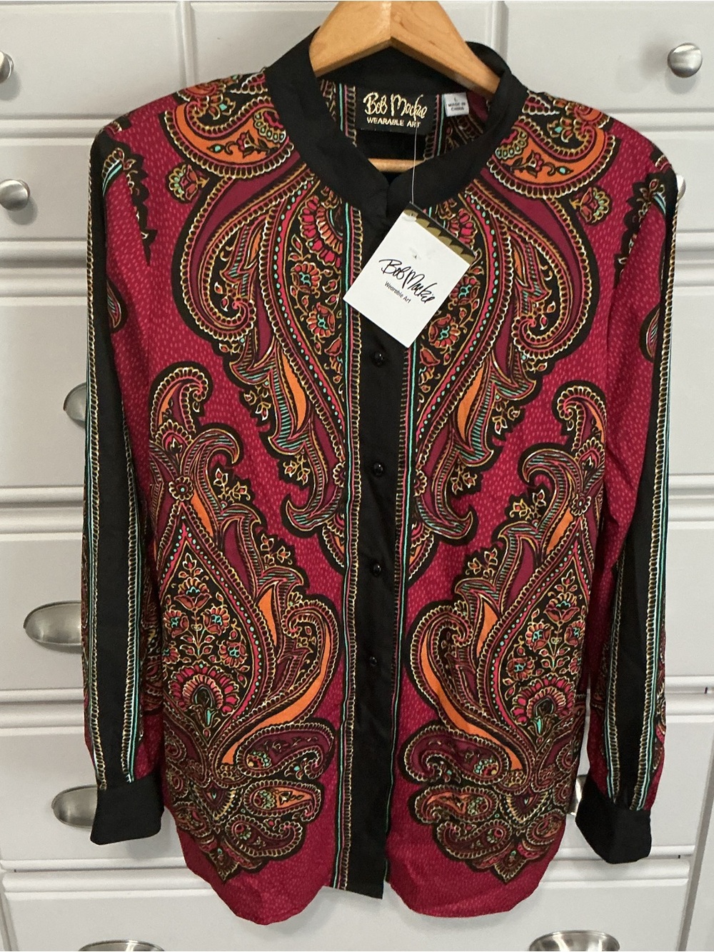 NWT Bob Mackie Wearable Art Mandarin Collar Paisley Print Button Up Blouse L
